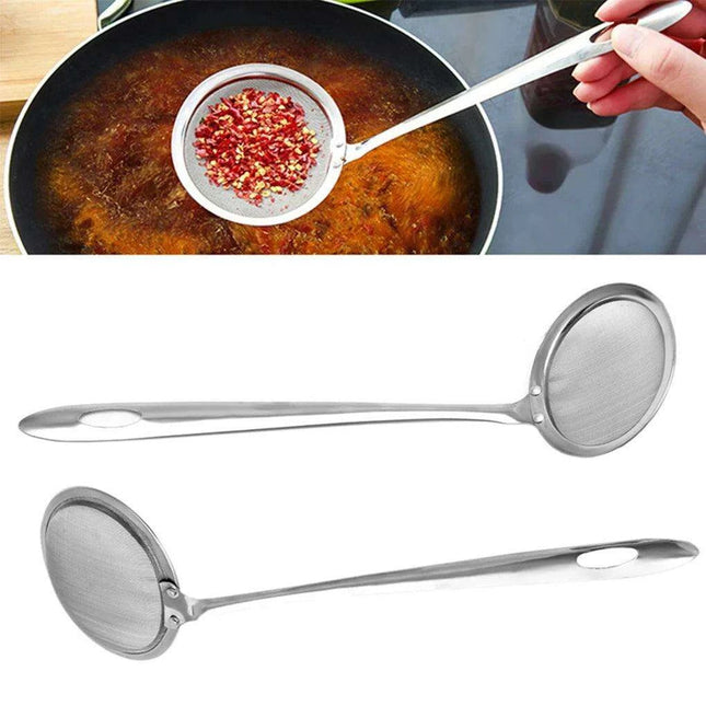 Japanese Stainless Steel Fine Mesh Skimmer Ladle with Extended Handle for Safe Oil and Steam Handling