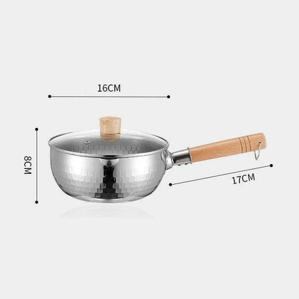 Japanese Stainless Steel Snow Pan with Ergonomic Wooden Handle and Lid - Perfect for Stewing, Frying, and Milk Heating - Très Elite