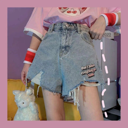 Kawaii Retro High-Waisted Denim Shorts for Women - Embroidered Casual Summer Style - Très Elite