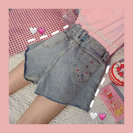 Kawaii Retro High-Waisted Denim Shorts for Women - Embroidered Casual Summer Style - Très Elite