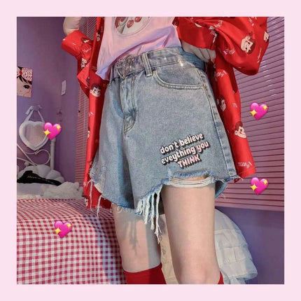 Kawaii Retro High-Waisted Denim Shorts for Women - Embroidered Casual Summer Style - Très Elite