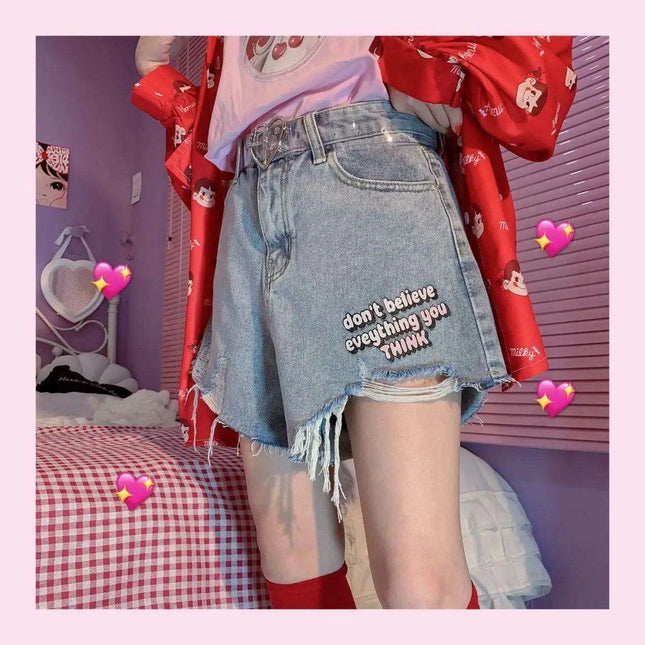 Kawaii Retro High-Waisted Denim Shorts for Women - Embroidered Casual Summer Style