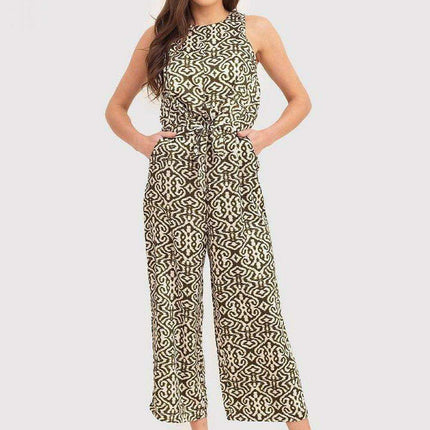 Khaki and Cream Tie-Front Sleeveless Jumpsuit by Ax Paris
