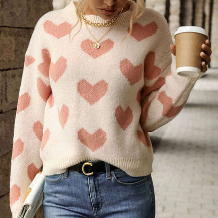 Knit Casual Heart Long Sleeve Pink Sweater - Très Elite