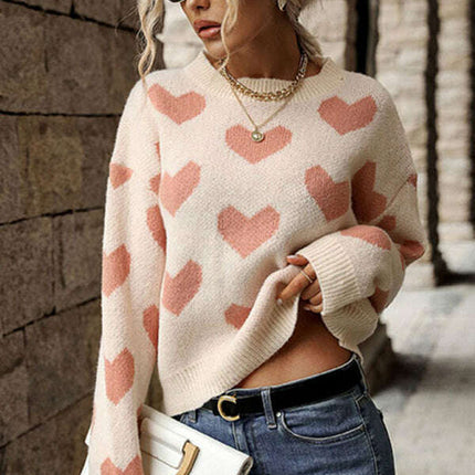 Knit Casual Heart Long Sleeve Pink Sweater - Très Elite