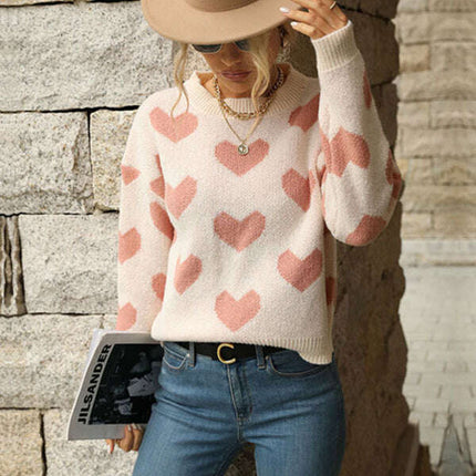 Knit Casual Heart Long Sleeve Pink Sweater - Très Elite