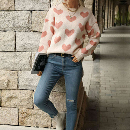 Knit Casual Heart Long Sleeve Pink Sweater - Très Elite