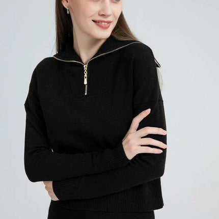 Knitted Top and Knee-Length Skirt Ensemble for Women - Autumn/Winter Style - Très Elite