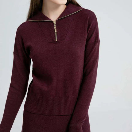 Knitted Top and Knee-Length Skirt Ensemble for Women - Autumn/Winter Style - Très Elite