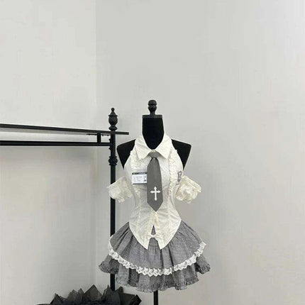 Korean 2000s Summer Preppy Gyaru Ballet-Inspired 2-Piece Set with Tie Blouse & Flirty Mini Skirt