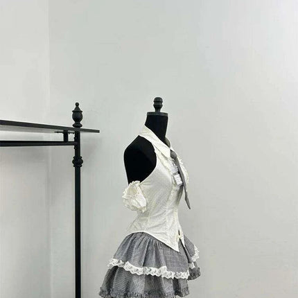 Korean 2000s Summer Preppy Gyaru Ballet-Inspired 2-Piece Set with Tie Blouse & Flirty Mini Skirt