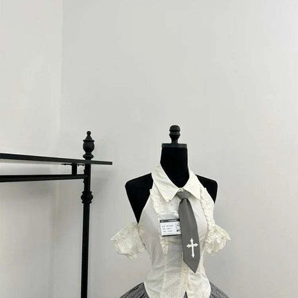 Korean 2000s Summer Preppy Gyaru Ballet-Inspired 2-Piece Set with Tie Blouse & Flirty Mini Skirt