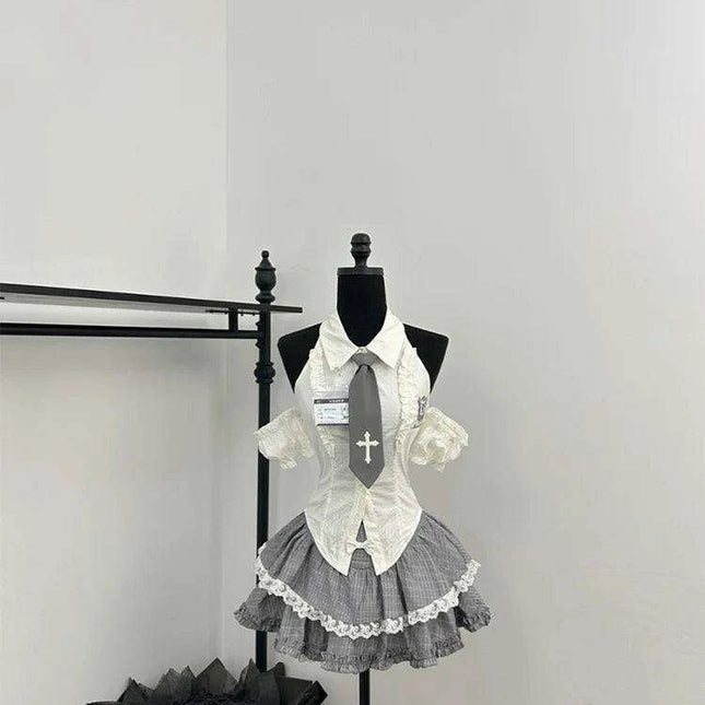 Korean 2000s Summer Preppy Gyaru Ballet-Inspired 2-Piece Set with Tie Blouse & Flirty Mini Skirt