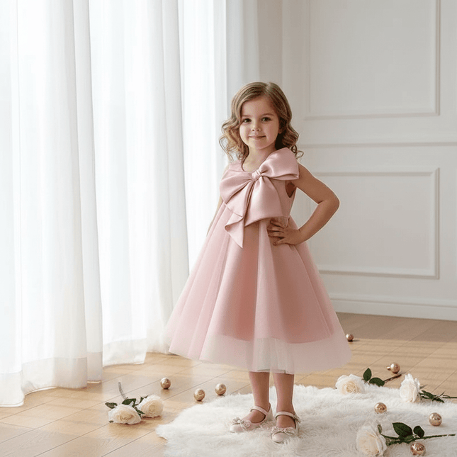 Korean-Inspired Elegant Big Bow Dress for Baby Girl's First Birthday Celebration 2023