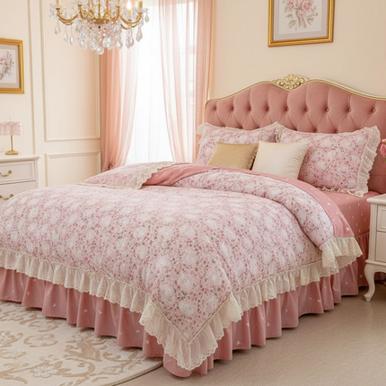 Korean Princess Floral Lace Ruffle Cotton Bedding Collection - Très Elite