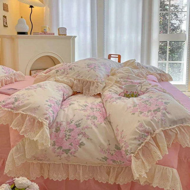 Korean Princess Floral Lace Ruffle Cotton Bedding Collection - Luxurious Single/Queen Duvet Cover, Sheet, and Pillowcase Set (3/4 Pieces)