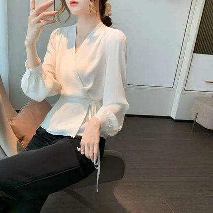 Korean-Style Women's Long Sleeve V-Neck Lace-Up Blouse - Très Elite