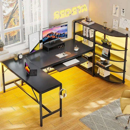 L-Shaped Gaming Desk with RGB Lighting and Versatile Storage Solutions - Très Elite
