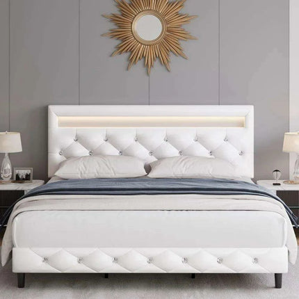 LED-Enhanced White Smart Bed Frame with Adjustable Crystal Tufted Headboard - Très Elite
