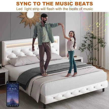 LED-Enhanced White Smart Bed Frame with Adjustable Crystal Tufted Headboard - Très Elite