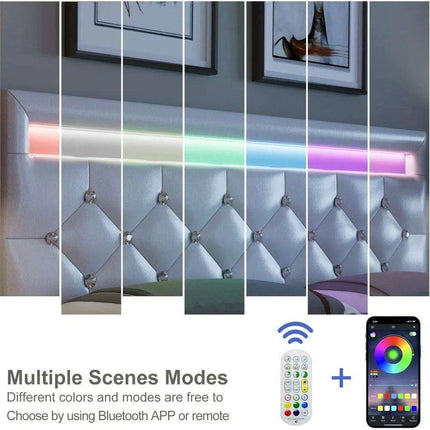 LED-Enhanced White Smart Bed Frame with Adjustable Crystal Tufted Headboard - Très Elite