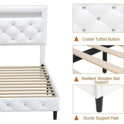 LED-Enhanced White Smart Bed Frame with Adjustable Crystal Tufted Headboard - Très Elite