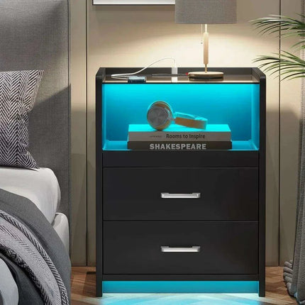LED Smart Nightstand with Charging Station and Pull-out Tray - Modern Design with 2 Drawers - Très Elite