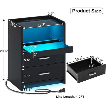 LED Smart Nightstand with Charging Station and Pull-out Tray - Modern Design with 2 Drawers - Très Elite