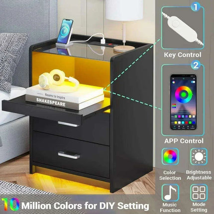 LED Smart Nightstand with Charging Station and Pull-out Tray - Modern Design with 2 Drawers - Très Elite