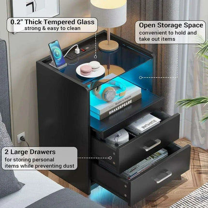 LED Smart Nightstand with Charging Station and Pull-out Tray - Modern Design with 2 Drawers - Très Elite
