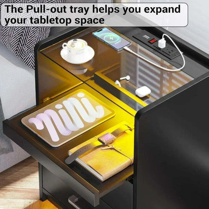 LED Smart Nightstand with Charging Station and Pull-out Tray - Modern Design with 2 Drawers - Très Elite