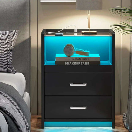 LED Smart Nightstand with Charging Station and Pull-out Tray - Modern Design with 2 Drawers..