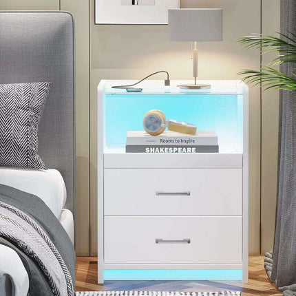 LED Smart Nightstand with Charging Station and Pull-out Tray - Modern Design with 2 Drawers - Très Elite