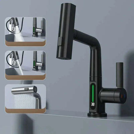 LED Waterfall Faucet with Temperature Display and Rotating Pull-Out Sprayer..
