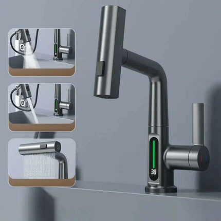 LED Waterfall Faucet with Temperature Display and Rotating Pull-Out Sprayer..