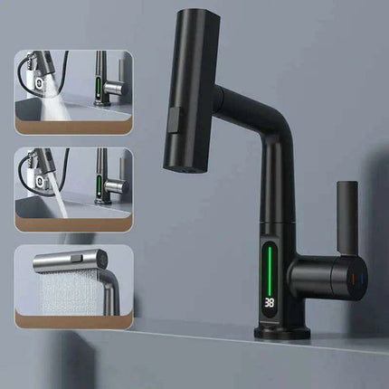 LED Waterfall Faucet with Temperature Display and Rotating Pull-Out Sprayer - Très Elite