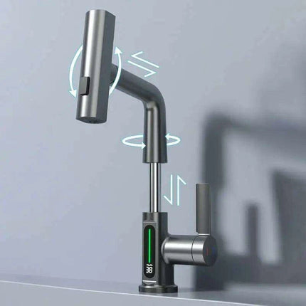 LED Waterfall Faucet with Temperature Display and Rotating Pull-Out Sprayer - Très Elite
