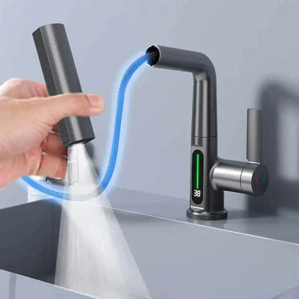 LED Waterfall Faucet with Temperature Display and Rotating Pull-Out Sprayer - Très Elite