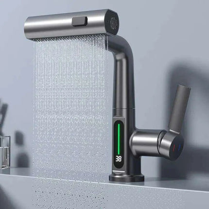 LED Waterfall Faucet with Temperature Display and Rotating Pull-Out Sprayer - Très Elite
