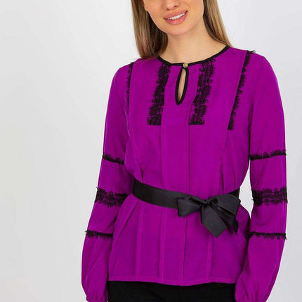 Lace-Accented Dressy Blouse with Cinched Waist Belt - Très Elite