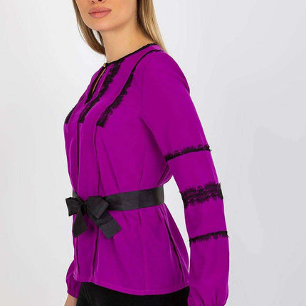 Lace-Accented Dressy Blouse with Cinched Waist Belt - Très Elite