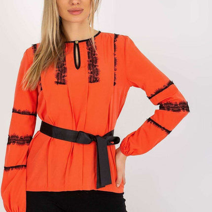 Lace-Accented Dressy Blouse with Cinched Waist Belt - Très Elite