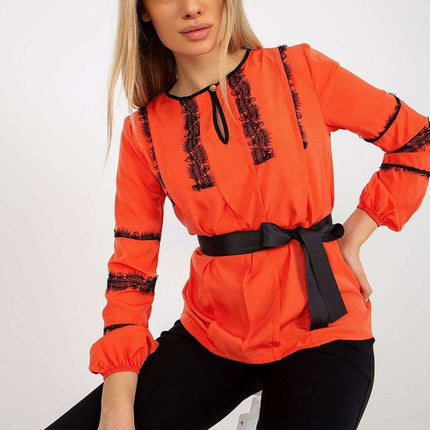 Lace-Accented Dressy Blouse with Cinched Waist Belt - Très Elite