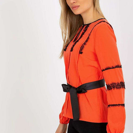 Lace-Accented Dressy Blouse with Cinched Waist Belt - Très Elite