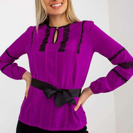 Lace-Accented Dressy Blouse with Cinched Waist Belt - Très Elite