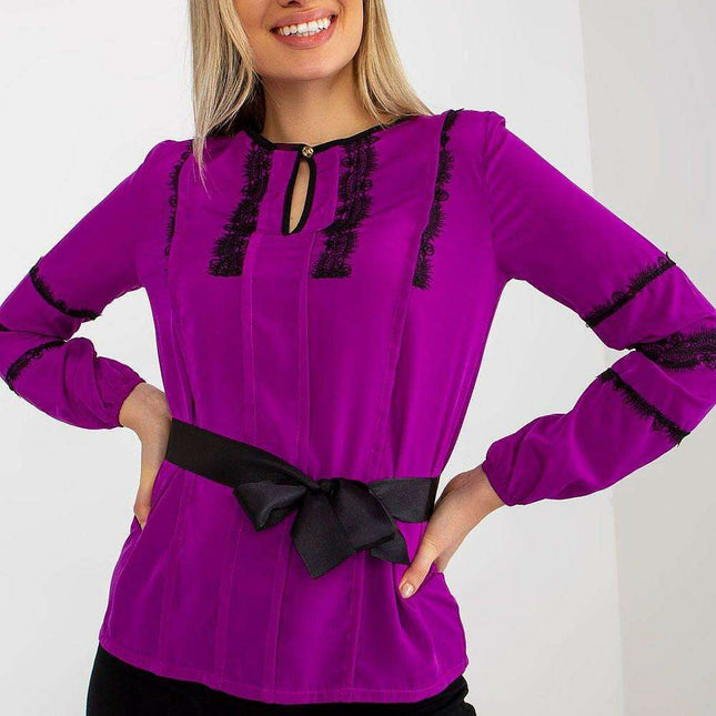 Lace-Accented Dressy Blouse with Cinched Waist Belt