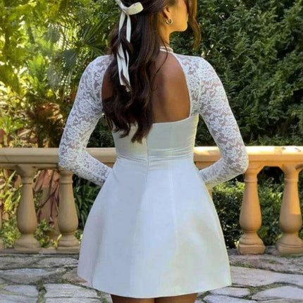 Lace-Backless A-Line Mini Dress with Long Sleeves - Très Elite