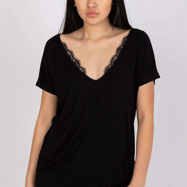 Lace-Embellished Viscose T-Shirt with Serek Neckline for Women