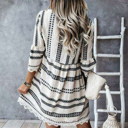 Lace-Trimmed Bohemian V-Neck Dress with Flare Sleeves - Très Elite