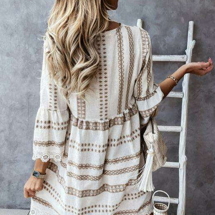 Lace-Trimmed Bohemian V-Neck Dress with Flare Sleeves - Très Elite